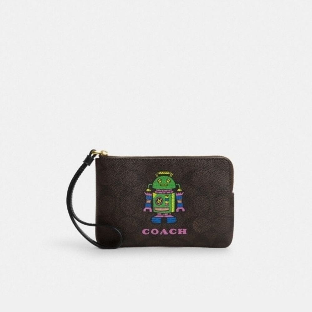 Coach Robot Brown and Pink Wristlet with Vibrant Graphic Design